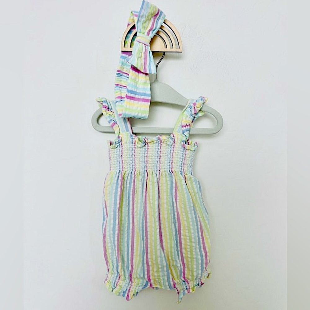 Little Me Pastel Rainbow Matching Baby Romper and Headband Set - 3 months old